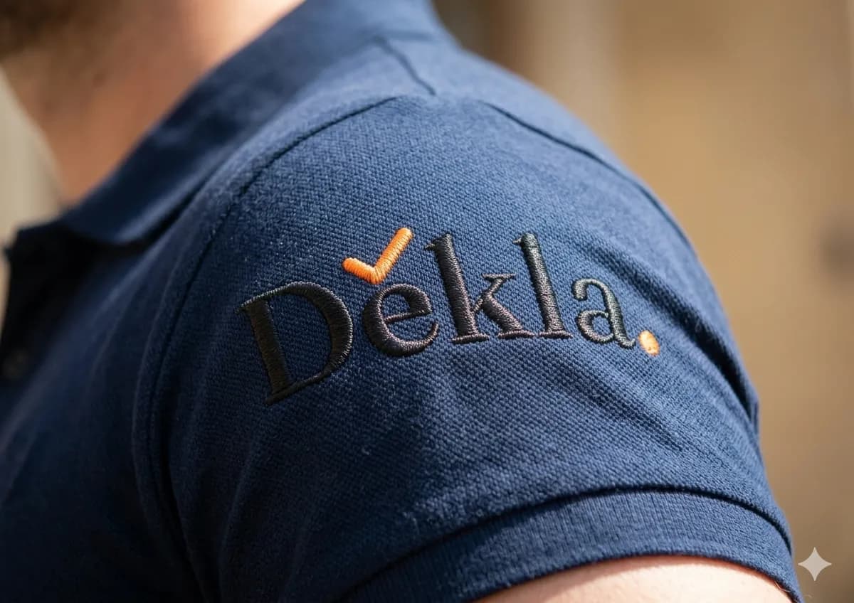 Logo Dékla brodé sur polo bleu marine — l'identité Dékla au quotidien